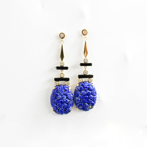 Carved Lapis Lazuli, Black Onyx and Diamond Earrings