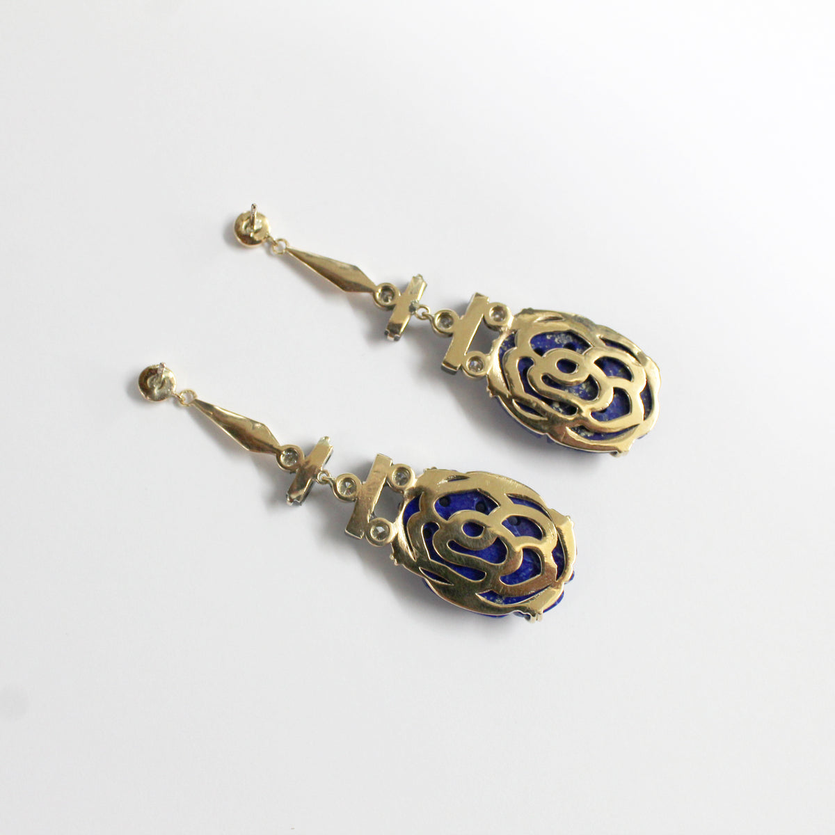 Carved Lapis Lazuli, Black Onyx and Diamond Earrings