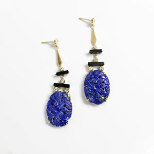 Carved Lapis Lazuli, Black Onyx and Diamond Earrings