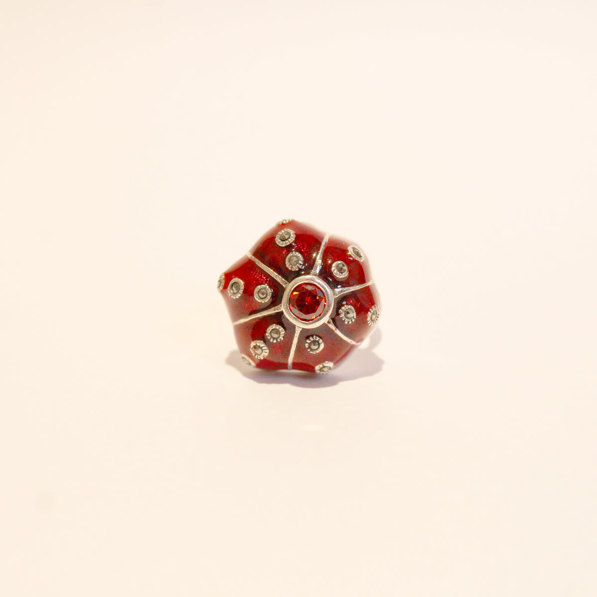 Garnet, Marcasite and Red Enamel Ring