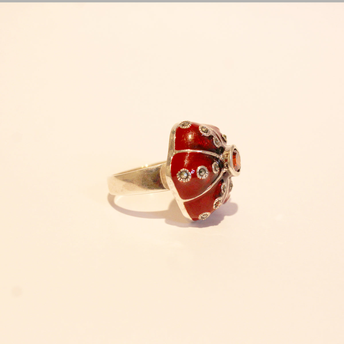 Garnet, Marcasite and Red Enamel Ring