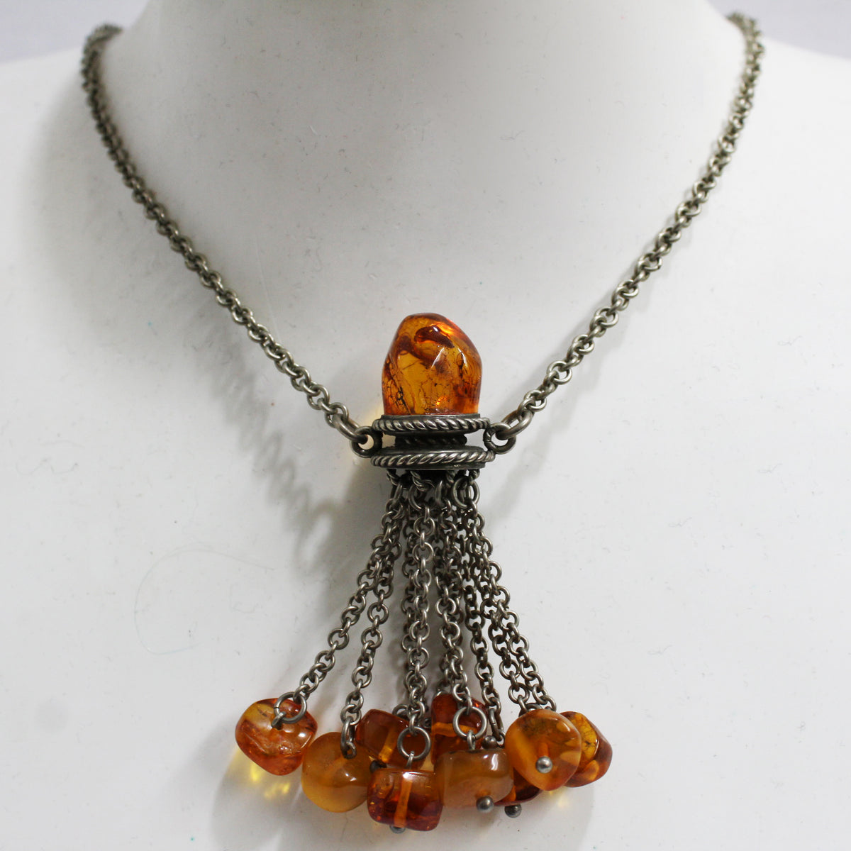 Vintage Silver Baltic Amber Tassel Necklace