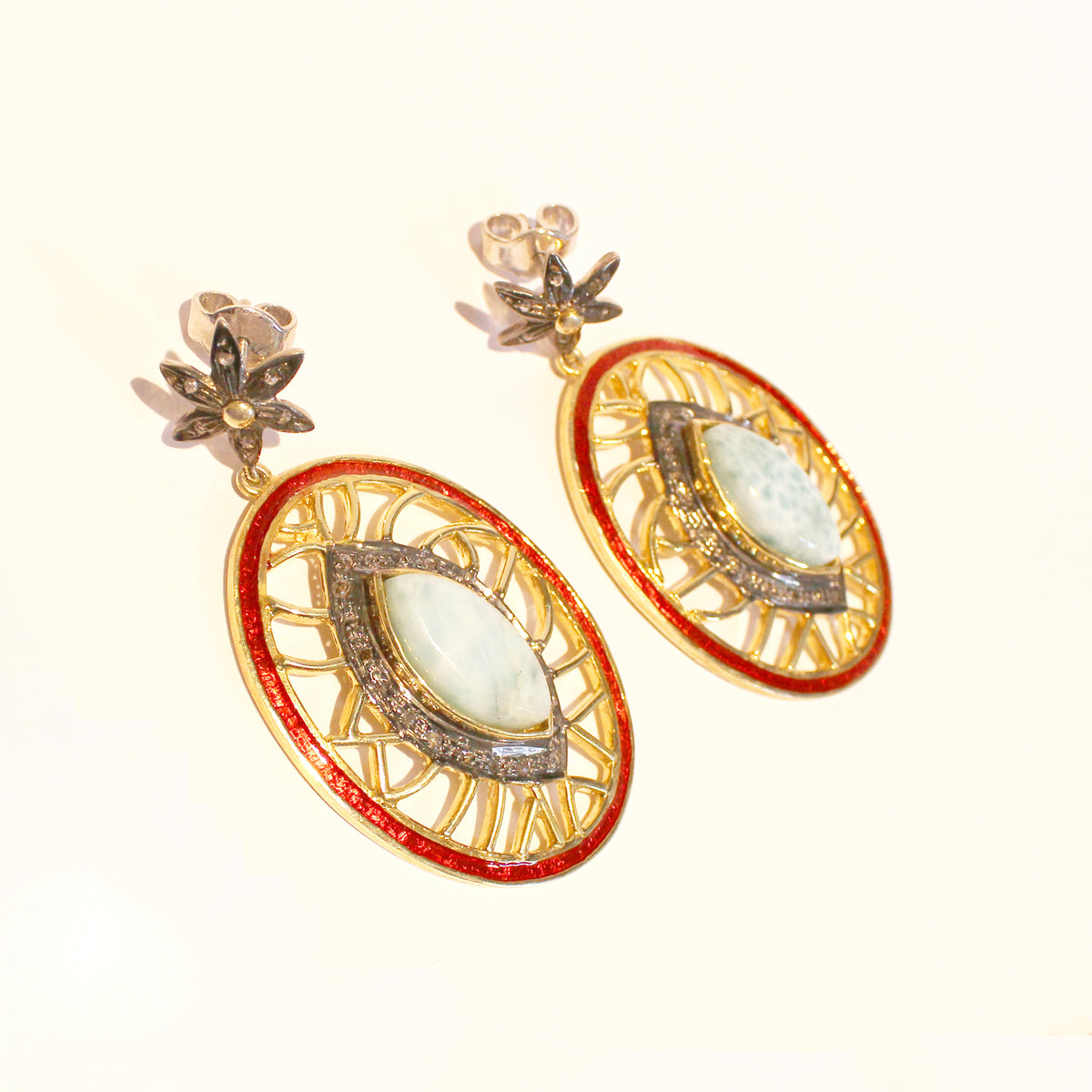 Larimar, Diamond and Red Enamel Stud Drop Earrings