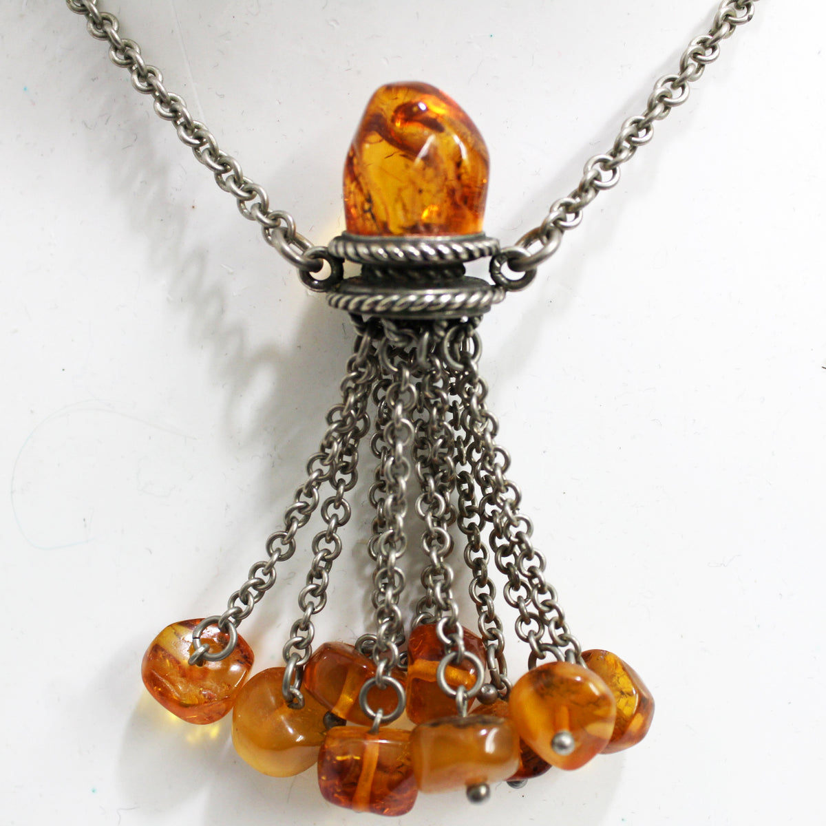 Vintage Silver Baltic Amber Tassel Necklace