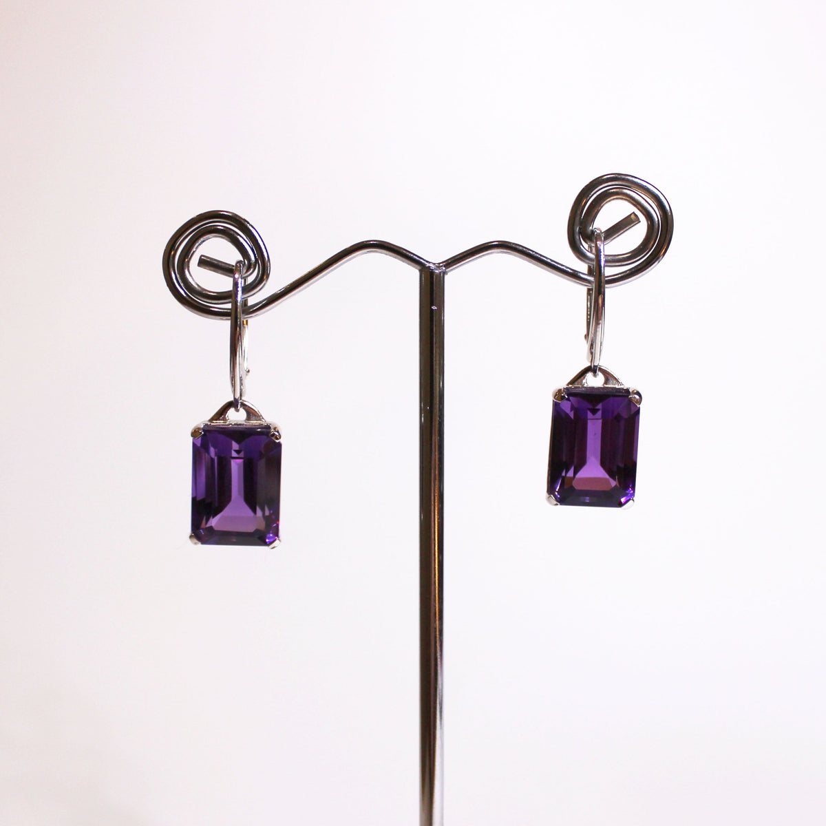 Sterling Silver Rectangular Cut Amethyst Drop Earrings