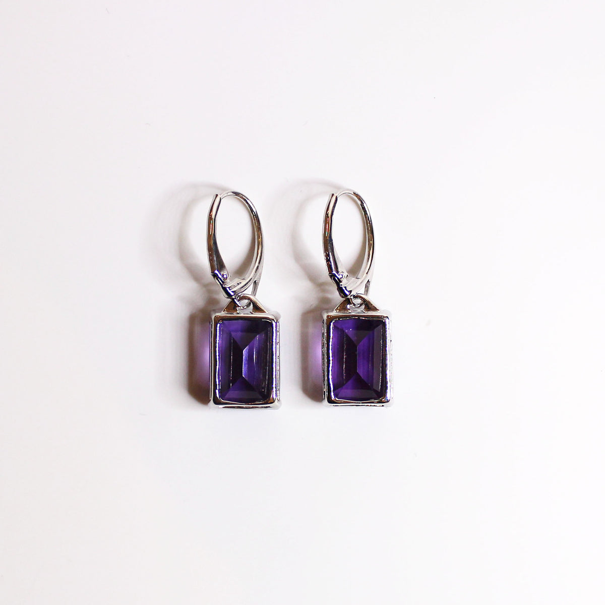 Sterling Silver Rectangular Cut Amethyst Drop Earrings