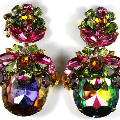 Large Harlequin Coloured Drop Crystal Clip On Earring