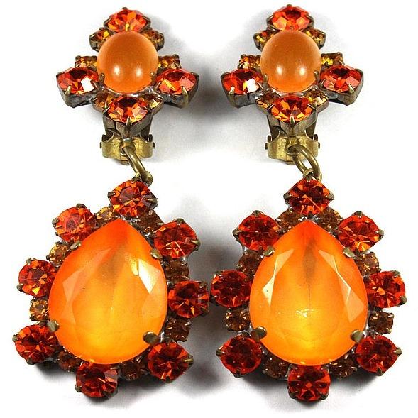 Large Orange Crystal Drop Clip on Earrings