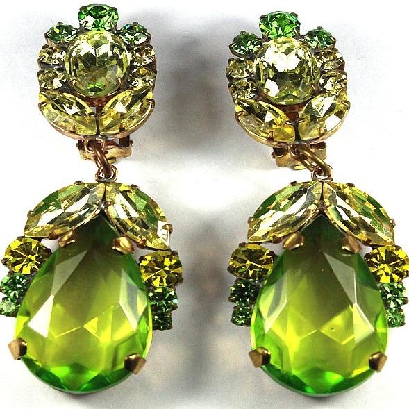 Large Peridot Lime Coloured Clip On Crystal Earrings