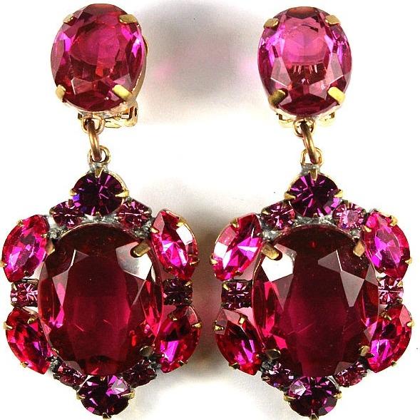 Large Crimson Pink Crystal Drop Clip on Earrings