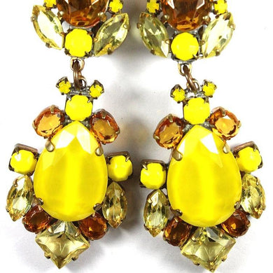 Large Canary Yellow and Orange Coloured Crystal Drop Clip on Earrings