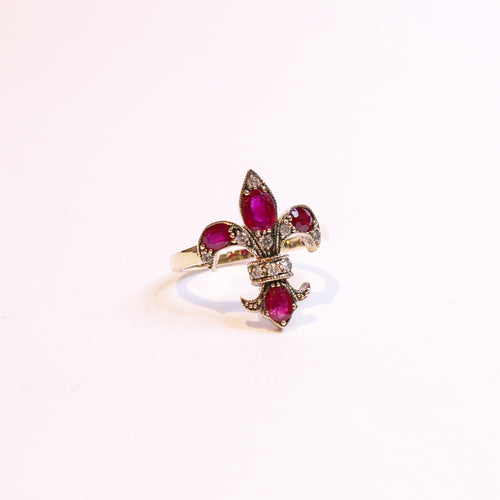 9ct Gold Ruby and Diamond Fleur De Lis Ring