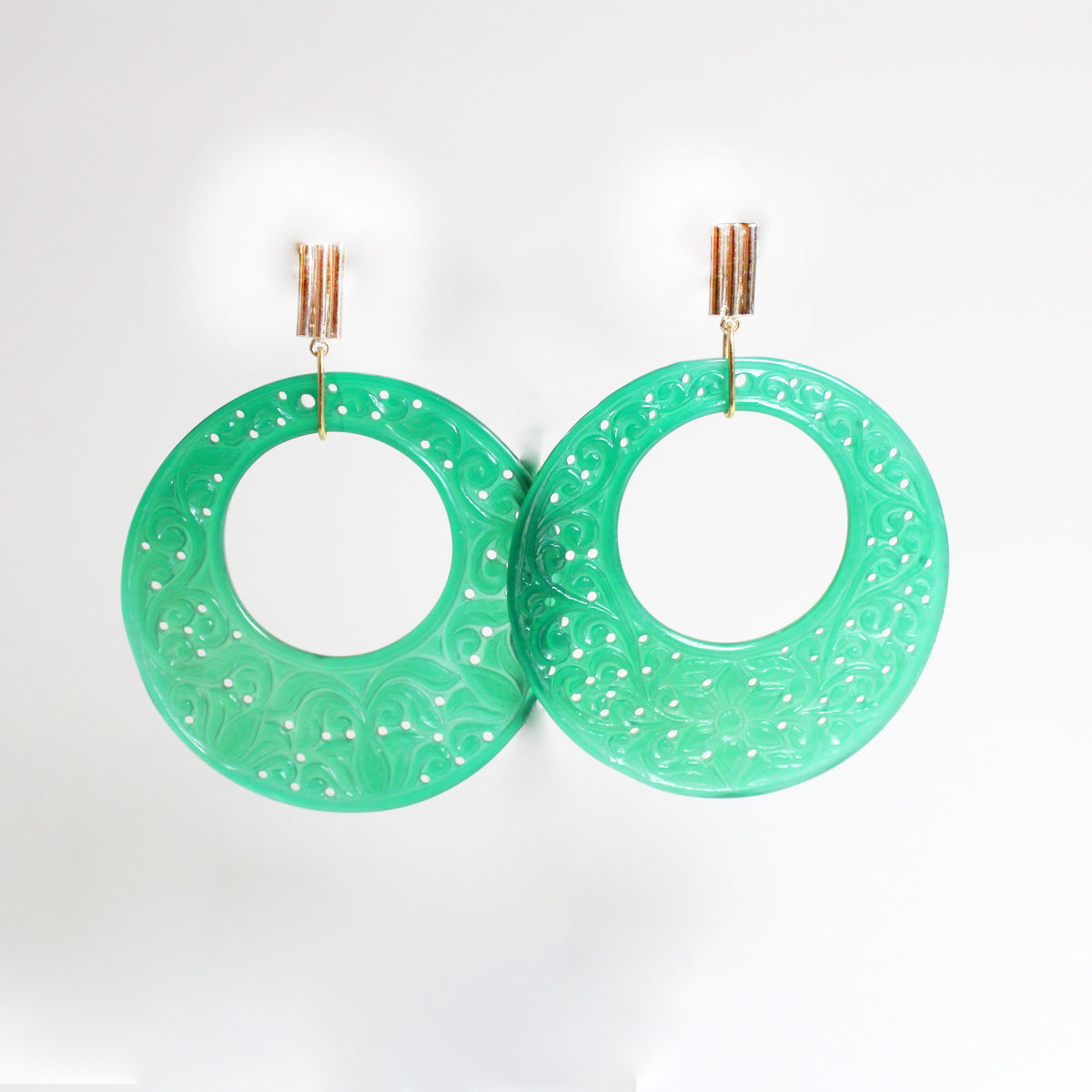 9ct Yellow Gold Carved Green Onyx Hoop Stud Drop Earrings