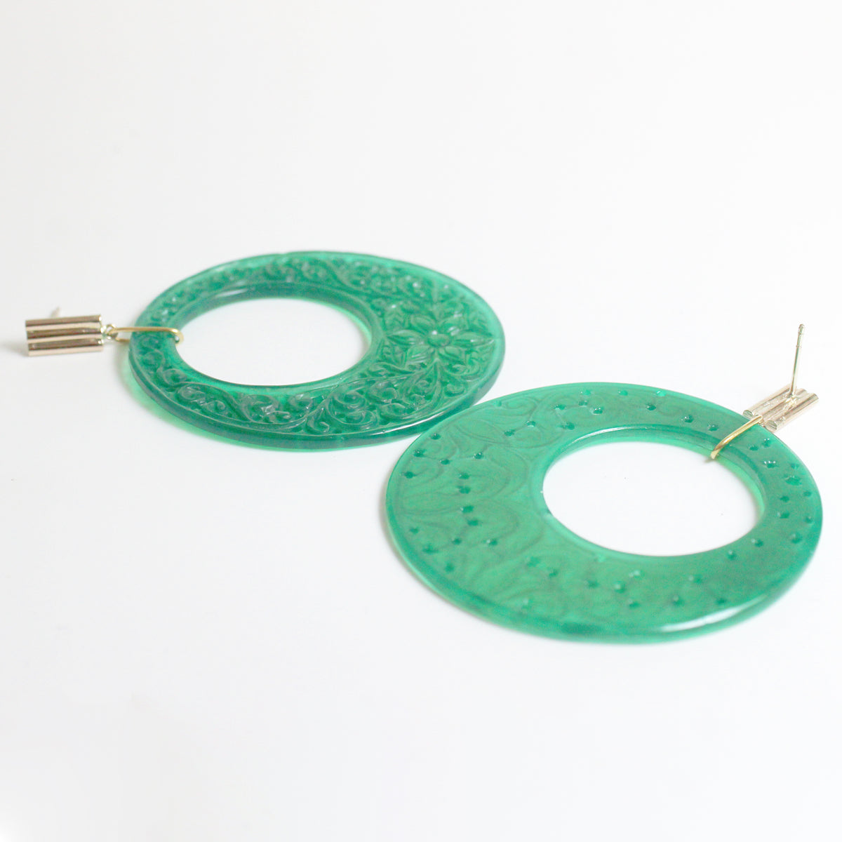 9ct Yellow Gold Carved Green Onyx Hoop Stud Drop Earrings