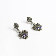 Sterling Silver Marcasite and Enamel Flower Basket Stud Drop Earrings