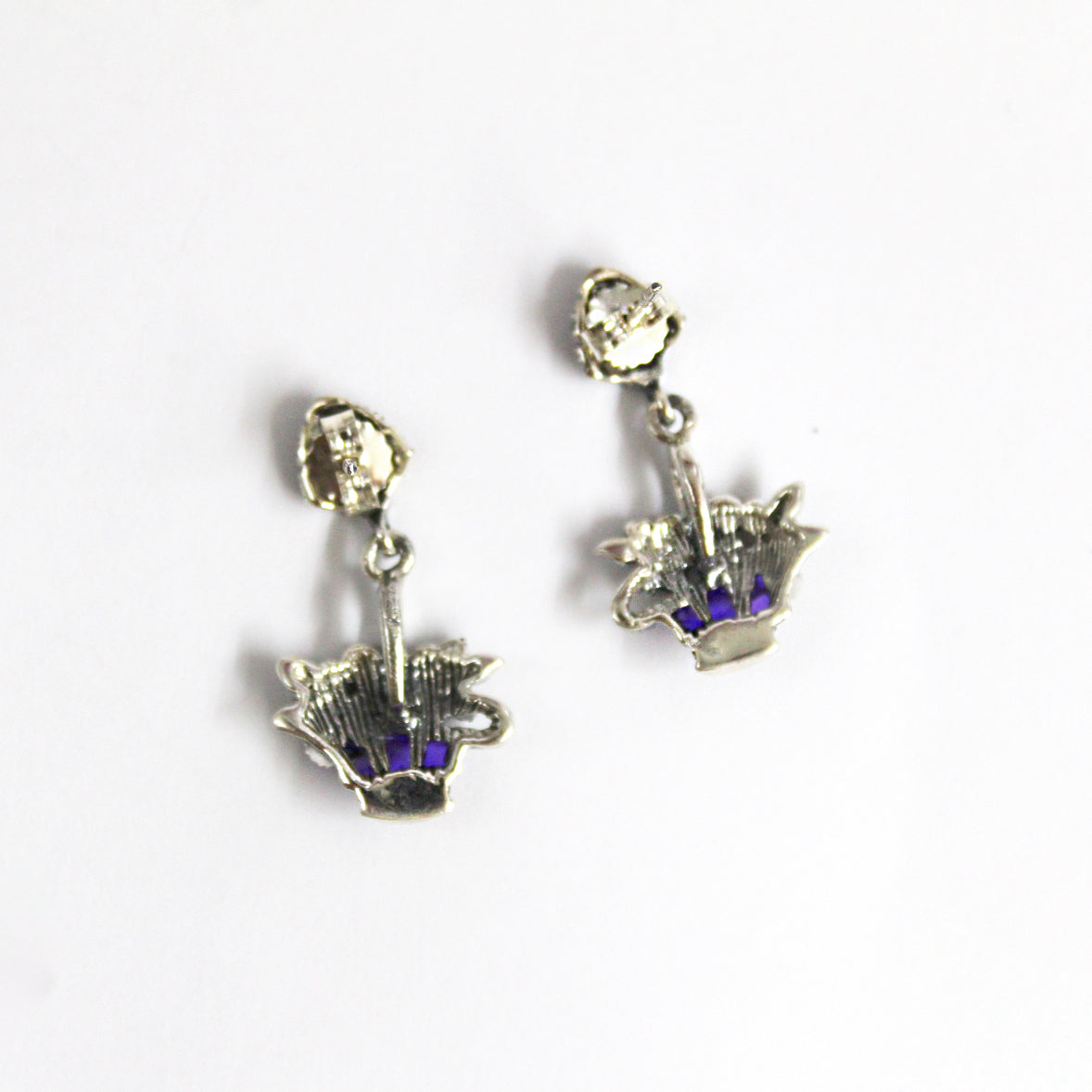 Sterling Silver Marcasite and Enamel Flower Basket Stud Drop Earrings