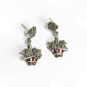 Sterling Silver Marcasite and Enamel Flower Basket Stud Drop Earrings