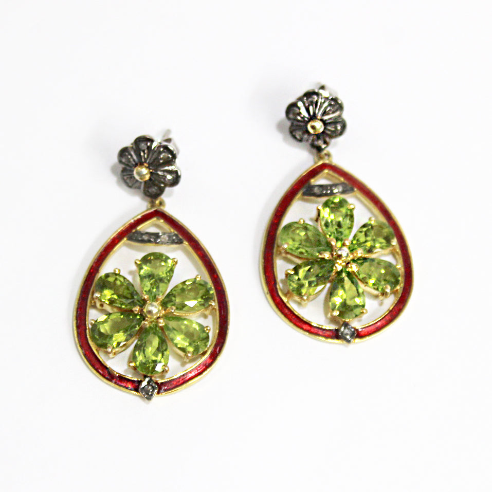 Peridot, Diamond and Red Enamel Earrings