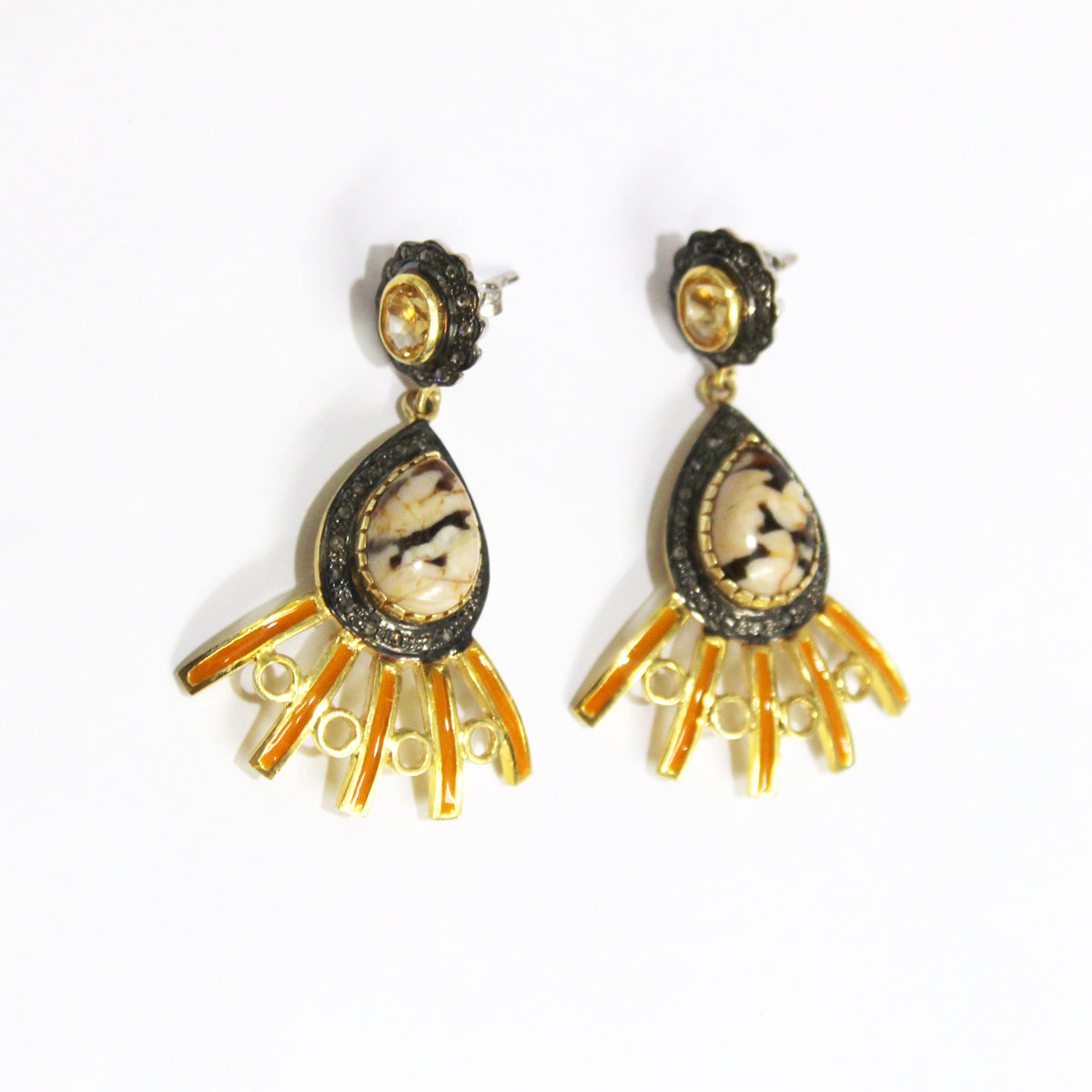 Petrified Wood, Diamond and Enamel Earrings