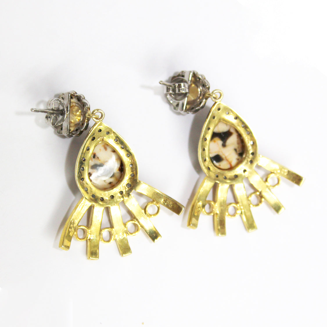 Petrified Wood, Diamond and Enamel Earrings