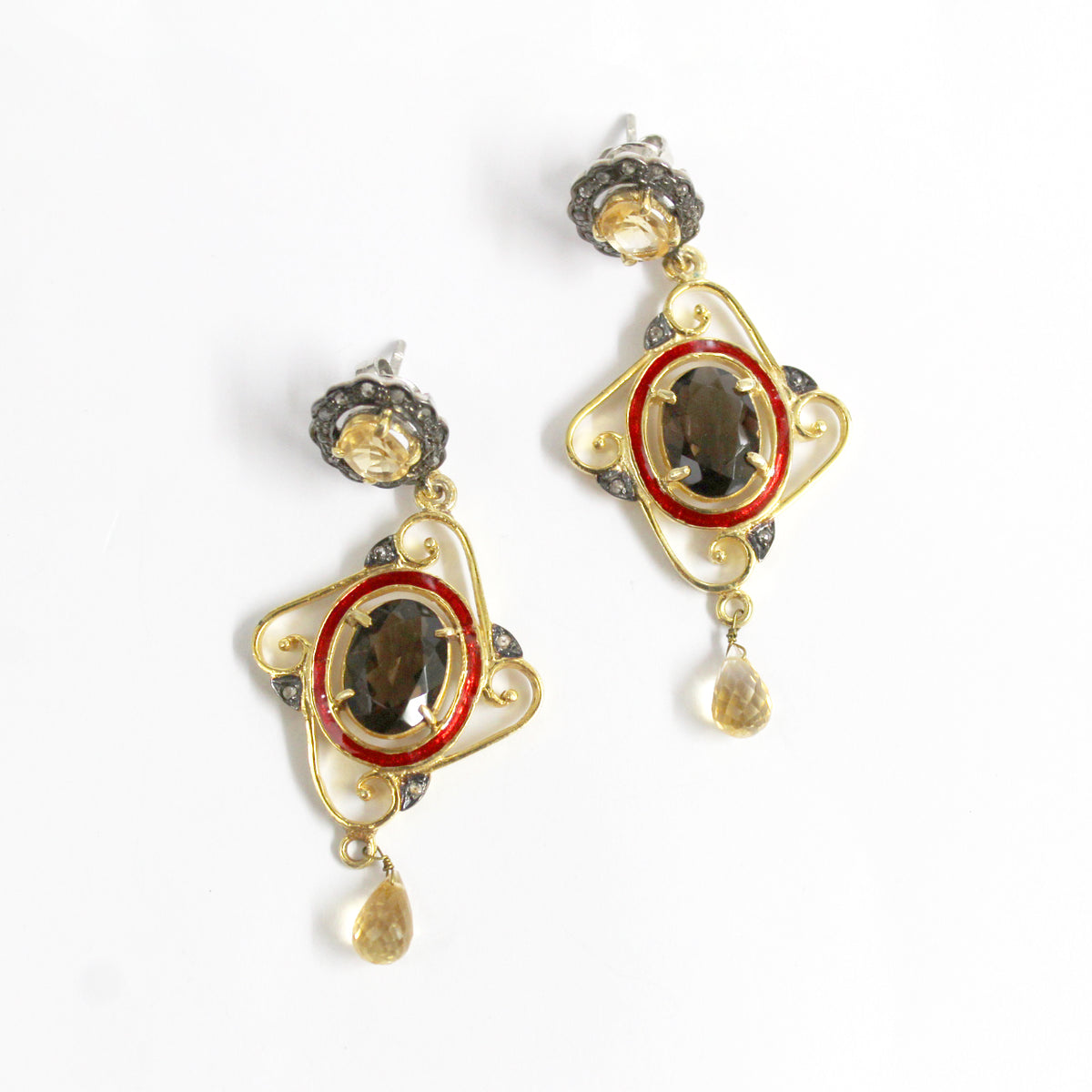 Smokey Quartz, Citrine, Diamond and Enamel Earrings