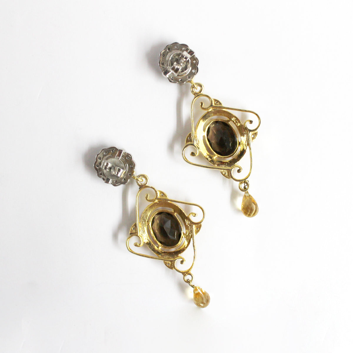 Smokey Quartz, Citrine, Diamond and Enamel Earrings