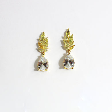 Sterling Silver Gold Plate Yellow and White Cubic Zirconia Wheat Reed Stud Drop Earrings