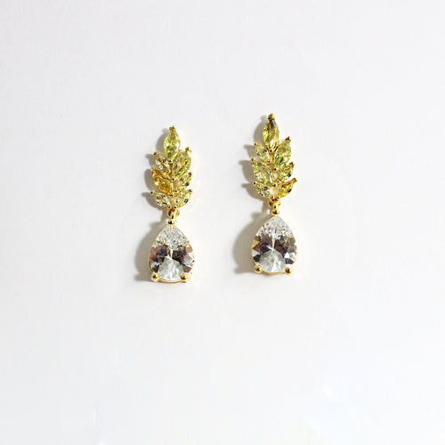 Sterling Silver Gold Plate Yellow and White Cubic Zirconia Wheat Reed Stud Drop Earrings