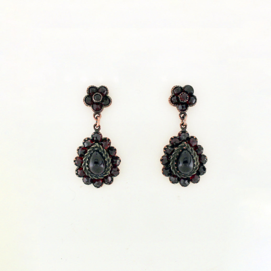 Sterling Silver Rose Gold Plate Garnet Stud Drop Earrings