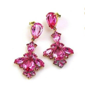 Large Pink Fuchsia Crystal Drop Stud Earrings