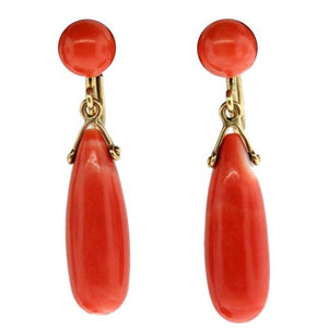 Vintage 14ct Yellow Gold Natural Momo Coral Drop Screw On Earrings