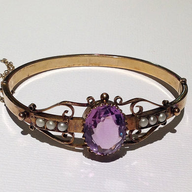 Antique Amethyst and Seed Pearl Hinged Bangle