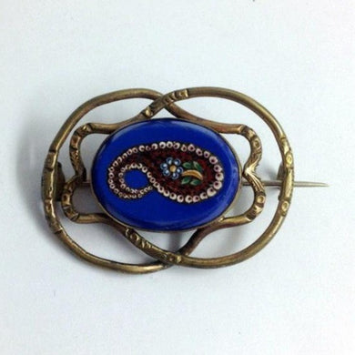 Antique Pinch Back Blue Paisley Micro Mosaic Brooch
