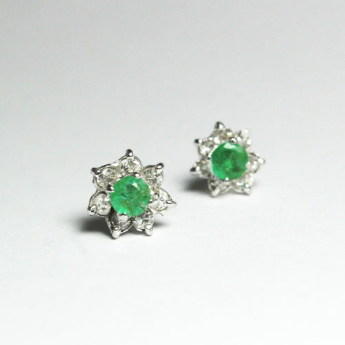 14ct White Gold Emerald and Old Cut Diamond Stud Earrings