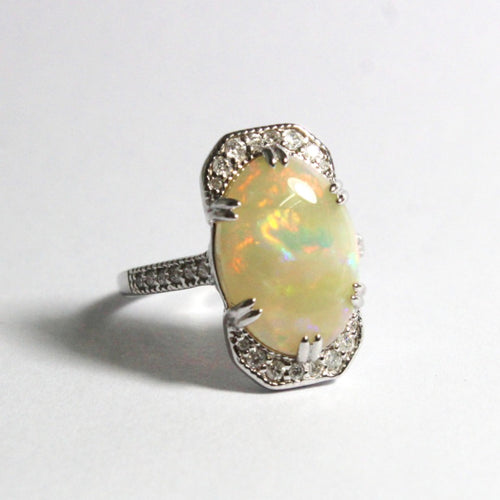 Solid White Opal and Diamond Dress Ring