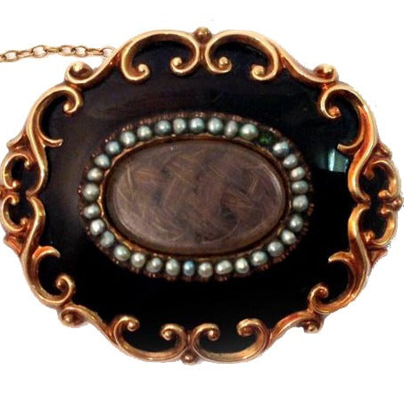 Whitby Jet and Seed Pearl Mourning Locket with Weaved Hair