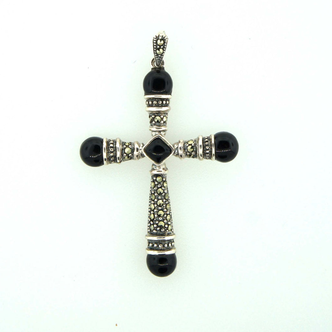 Onyx and Marcasite Sterling Silver Cross Pendant