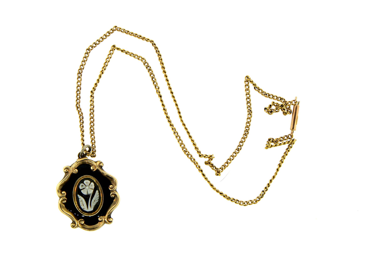 Victorian White Agate and Enamel Mourning Pendant
