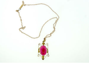 Pink Paste 9ct Gold Oval Drop and Chain
