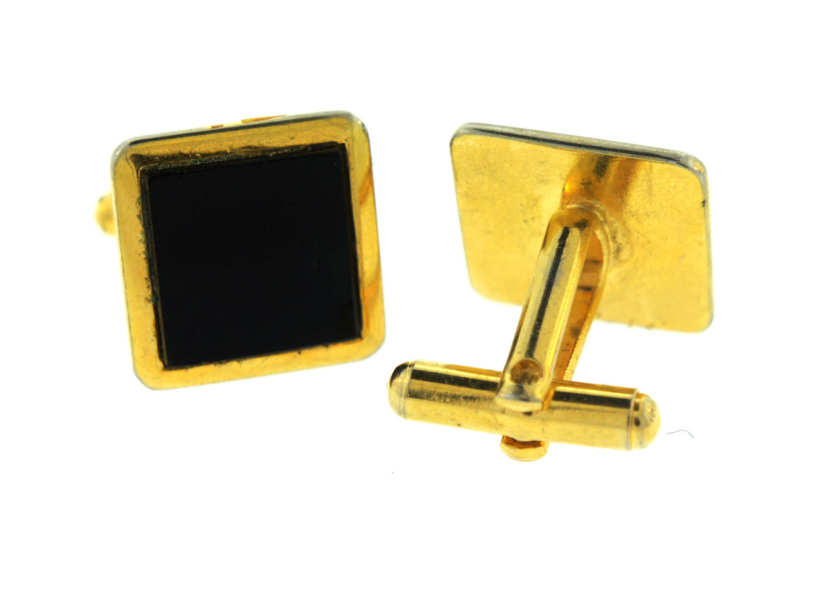 Vintage Black Onyx and Gold Square Costume Cufflinks