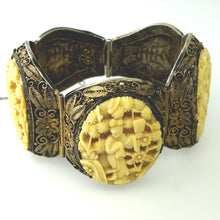 Antique Silver Filigree Carved Ivory Bracelet