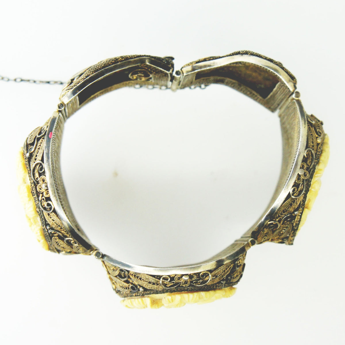 Antique Silver Filigree Carved Ivory Bracelet