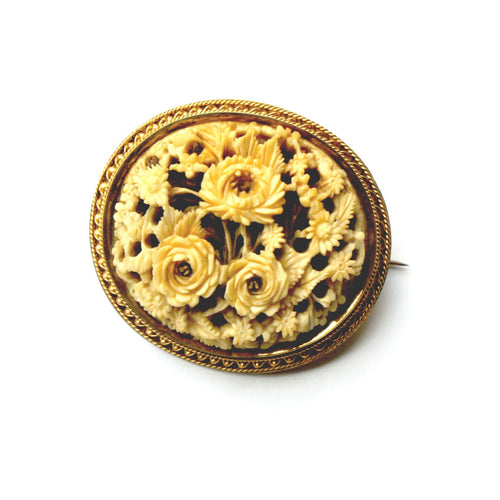 Antique 15ct Yellow Gold Carved Ivory Floral Brooch