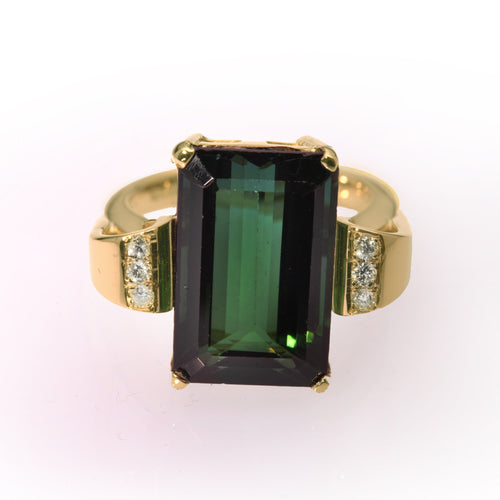 Yellow Gold Chrome Green Tourmaline and Diamond Ring