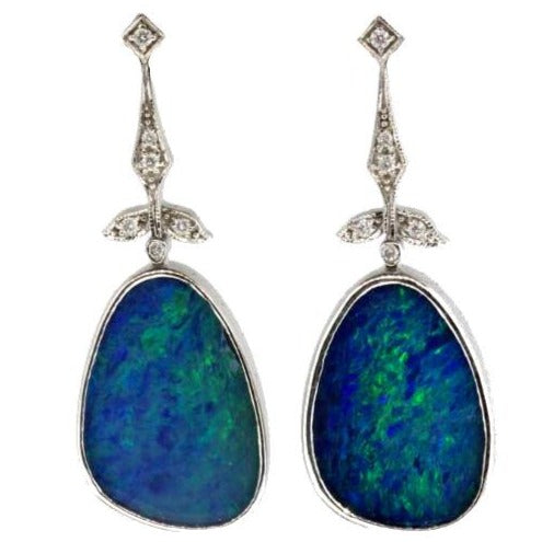 9ct White Gold Solid Opal and Diamond Drop Earrings