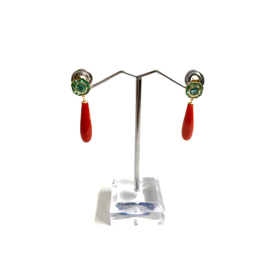 9ct Gold Emerald and Coral Drop Earrings