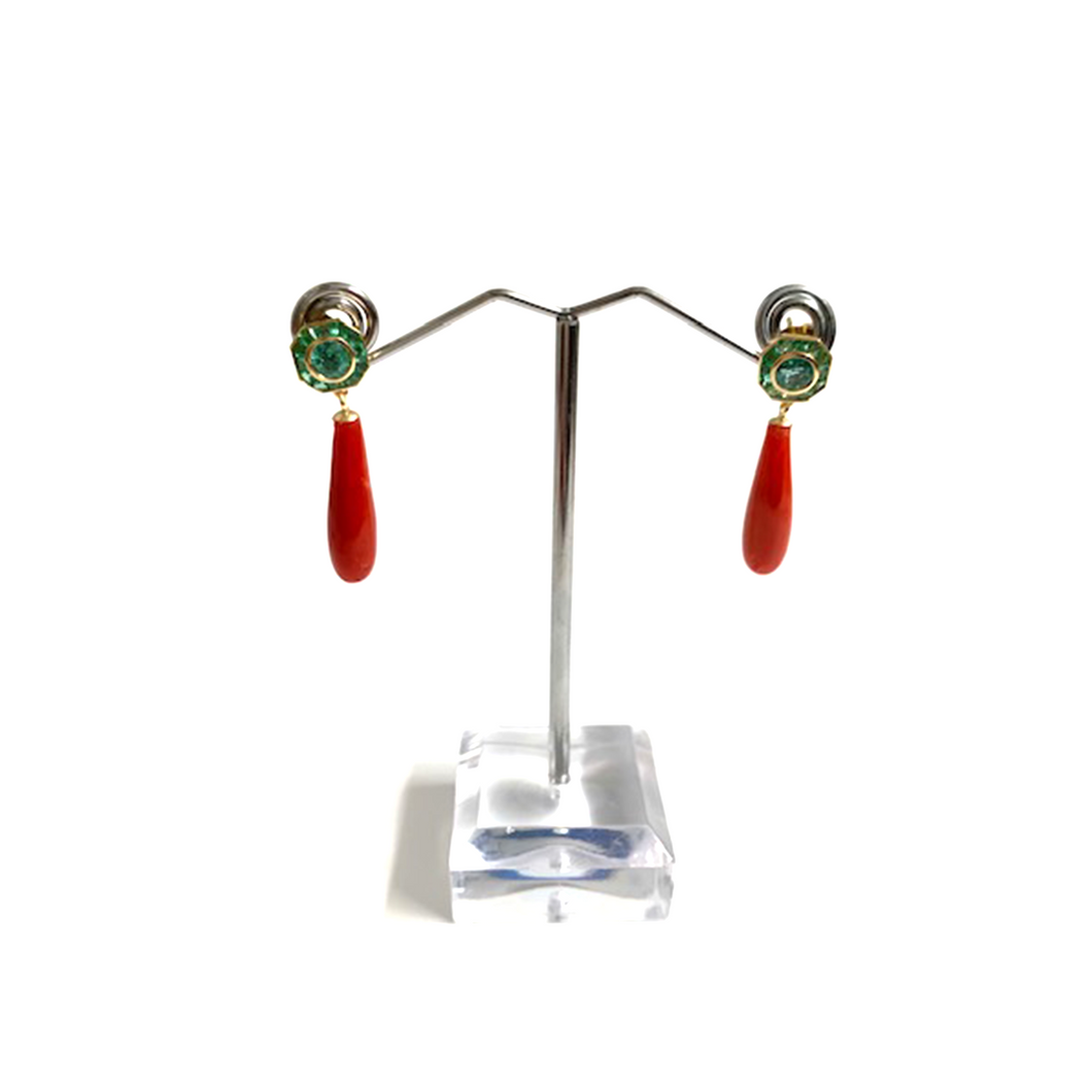 9ct Gold Emerald and Coral Drop Earrings