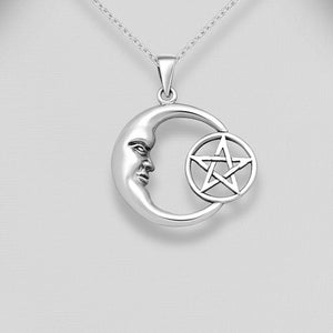 Sterling Silver Crescent Moon and Pentagram Pendant