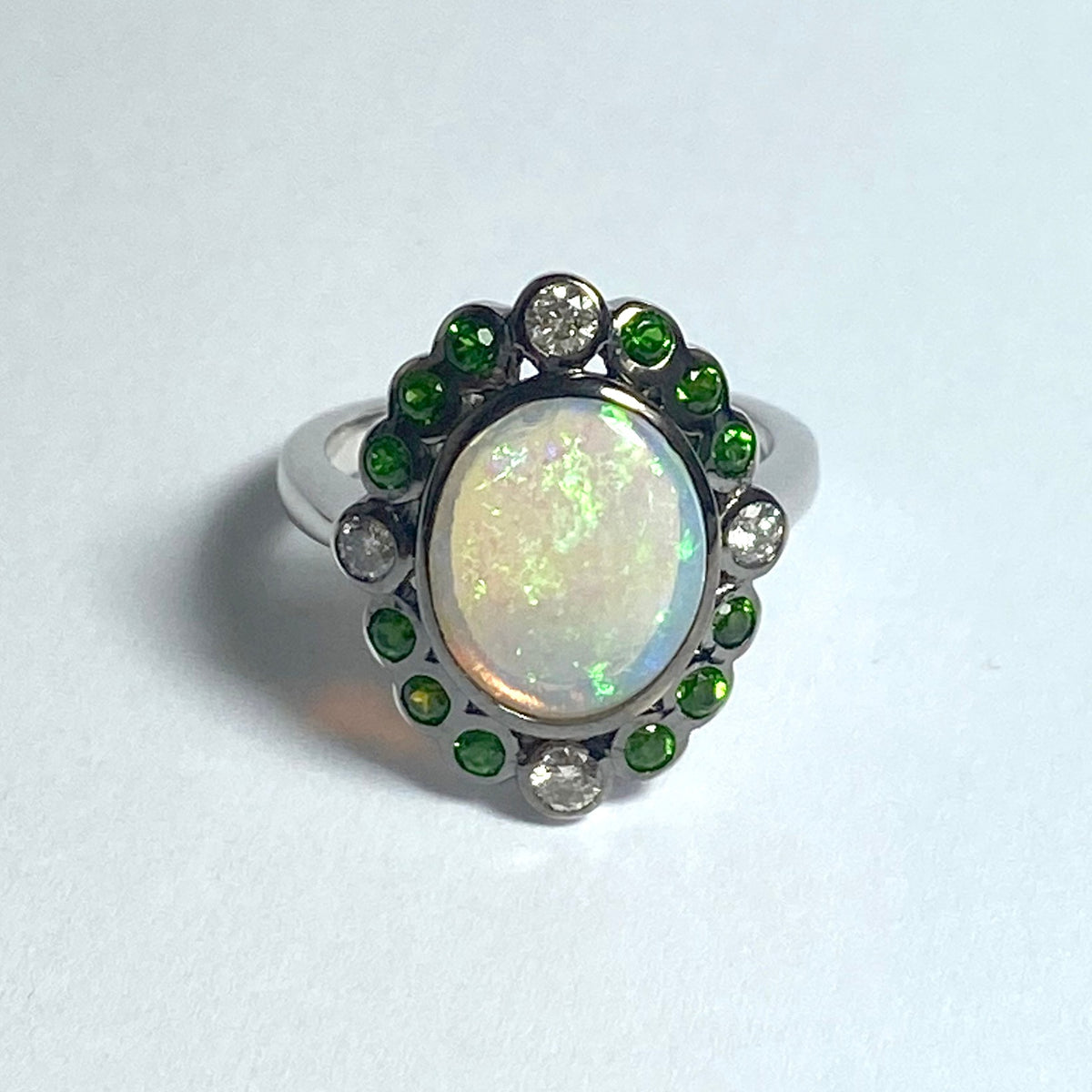9ct White Gold Solid Opal, Diopside and Diamond Dress Ring
