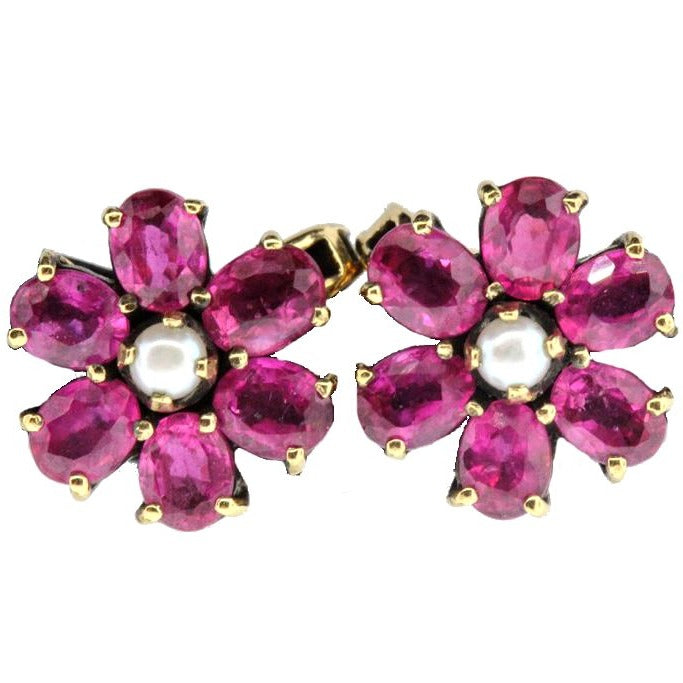 Vintage 9ct Yellow Gold Natural Ruby and Seed Pearl Stud Earrings